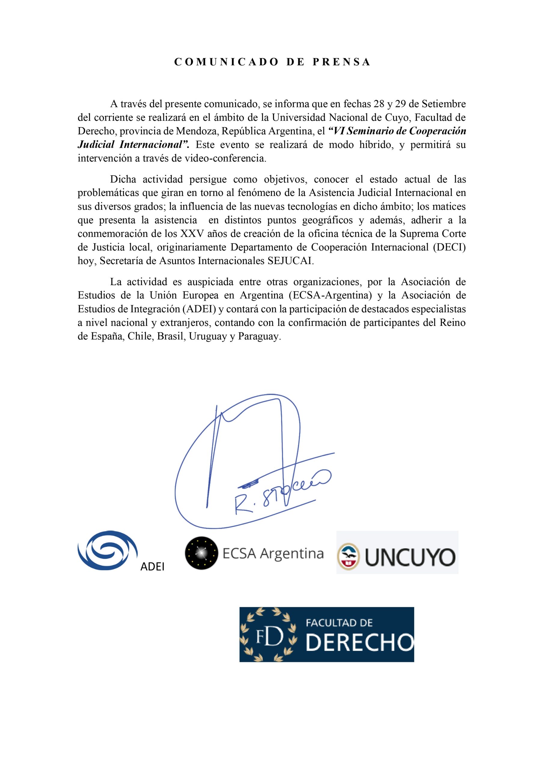 VI Seminario de Cooperación Judicial Internacional – Universidad Nacional de Cuyo, Facultad de Derecho, provincia de Mendoza, Argentina